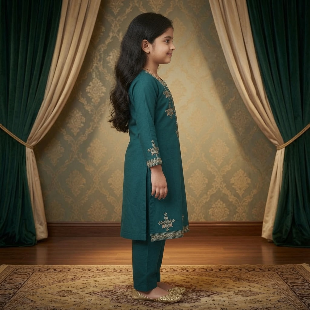 Girls Emerald Green Embroidered Kurta & Trouser Set