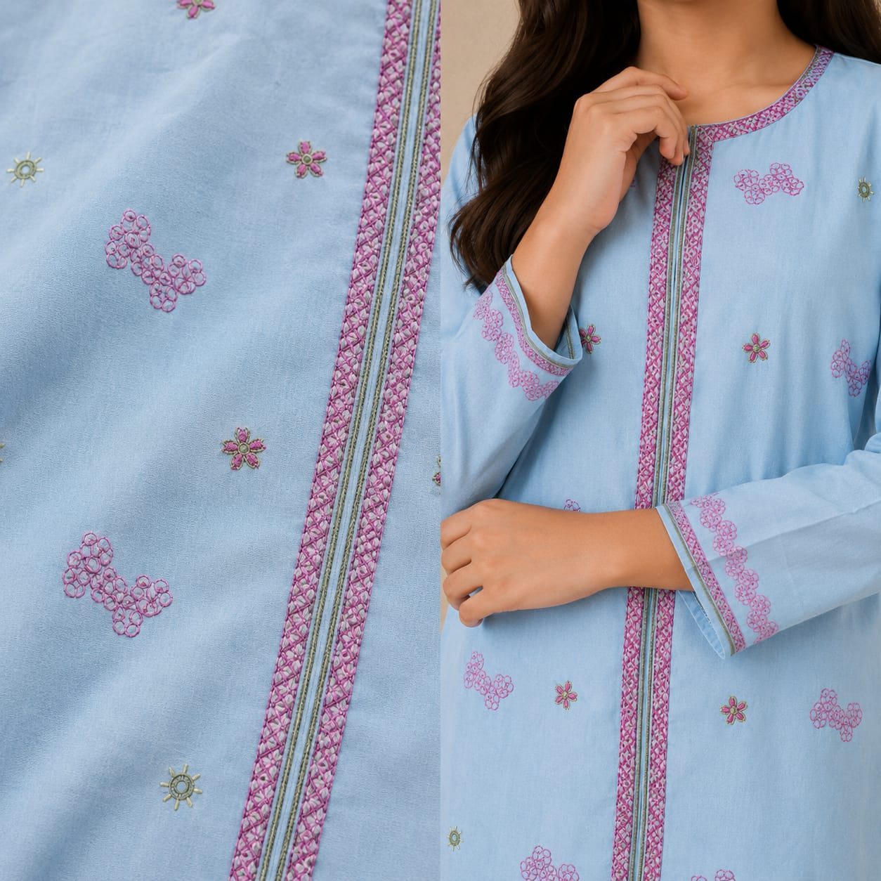 Light Blue Embroidered Kurta Salwar Set for Girls