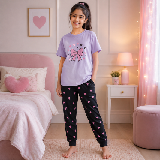 Girls' Bow & Hearts Pyjama Set | Lavender & Black
