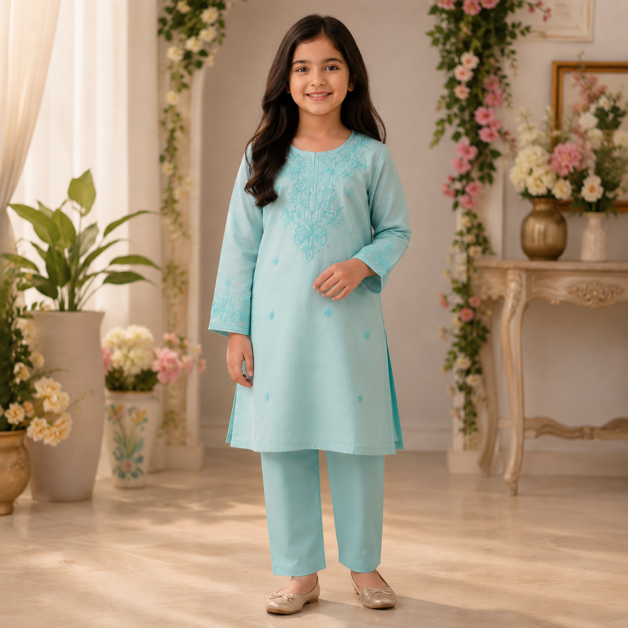 Girls' Embroidered Kurta & Trouser Set | Aqua Blue