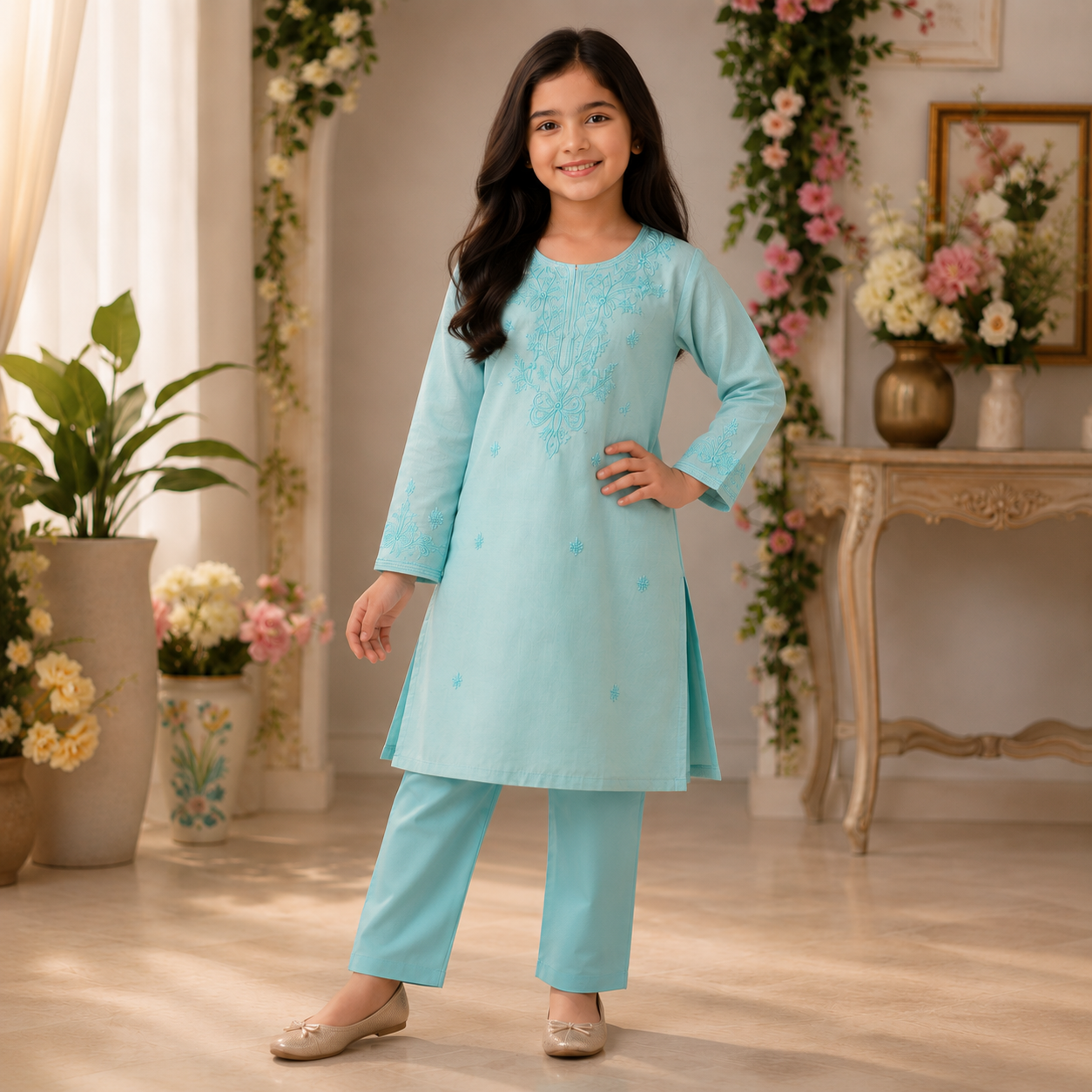 Girls' Embroidered Kurta & Trouser Set | Aqua Blue