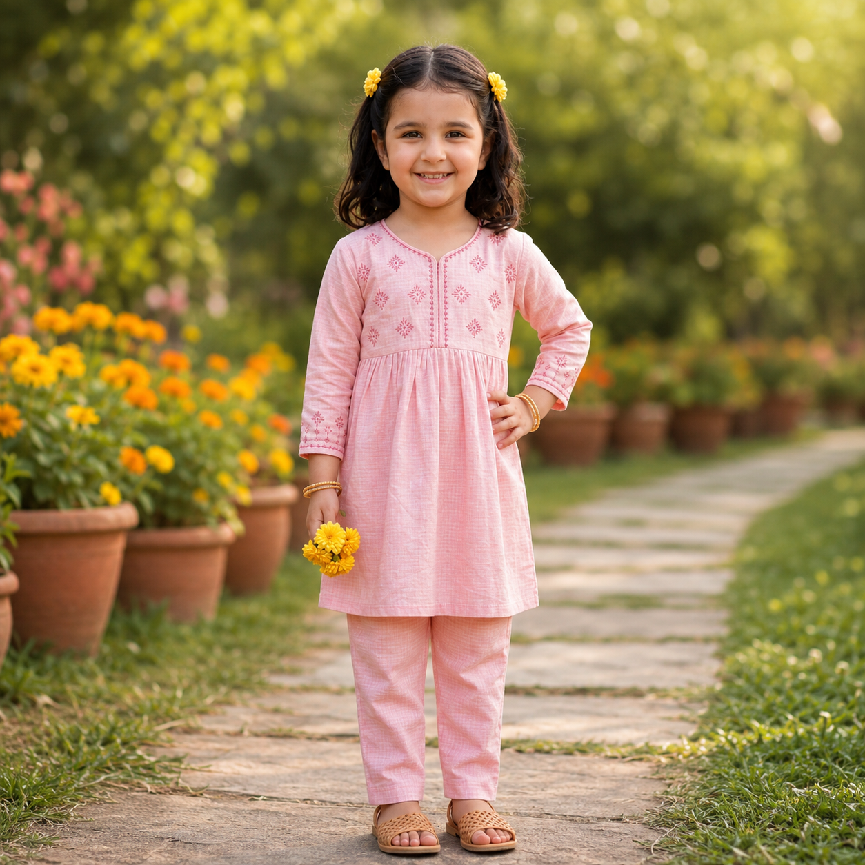 🌸 Pink Embroidered Girls Kurta & Trouser Set