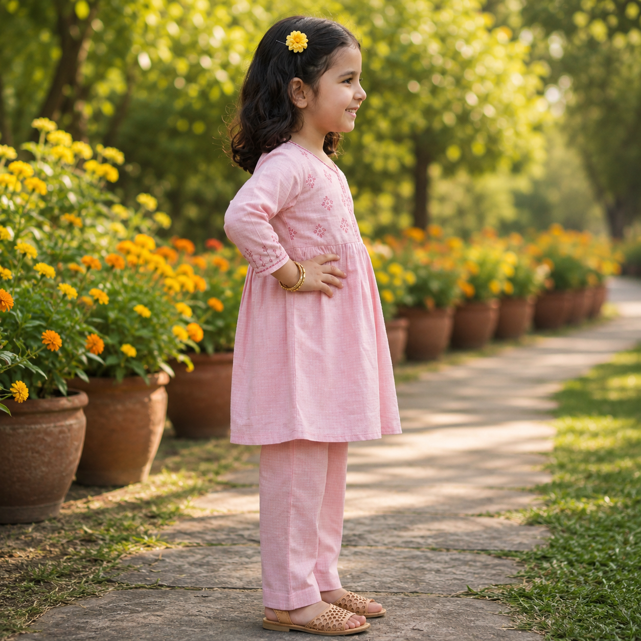 🌸 Pink Embroidered Girls Kurta & Trouser Set