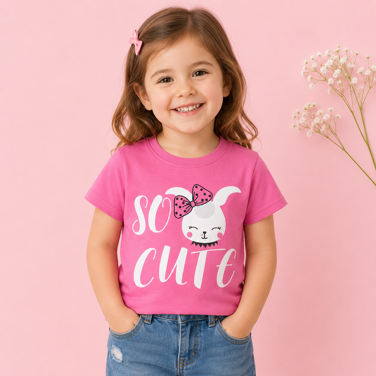 Girls Pink "So Cute" Bunny T-Shirt
