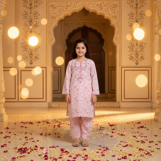 Pastel Pink Floral Embroidered Kurta & Trouser Set
