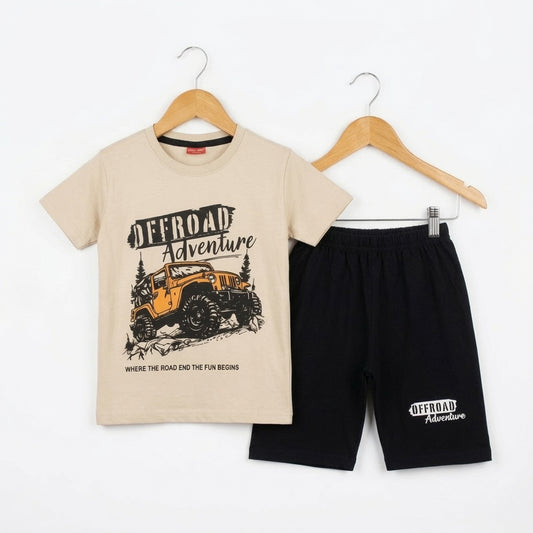 Kids T-Shirt & Shorts Set | Beige & Black
