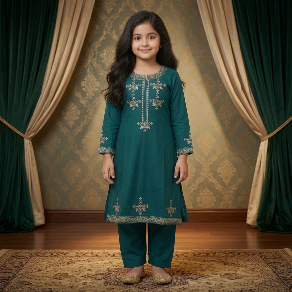 Girls Emerald Green Embroidered Kurta & Trouser Set