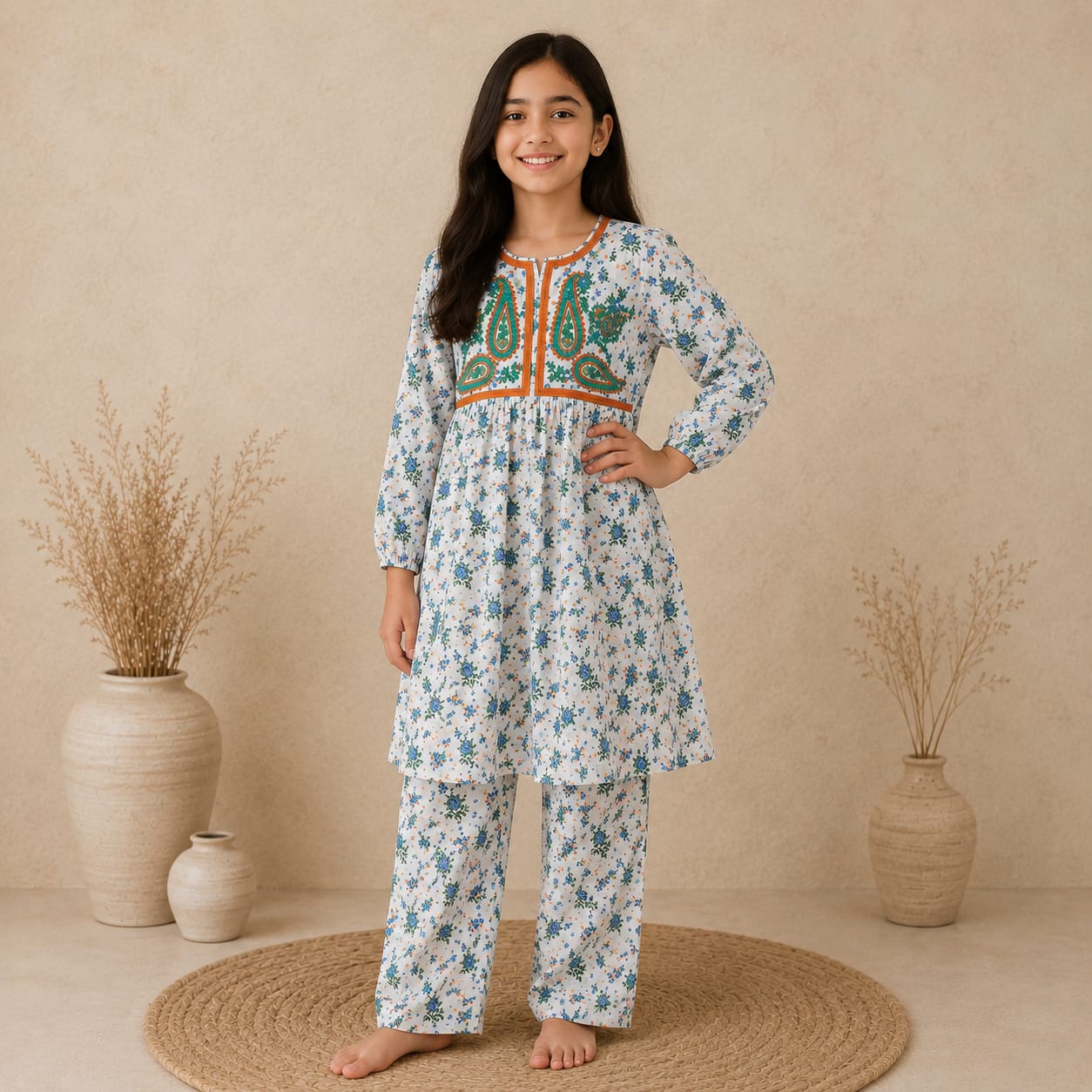 Girls Blue Floral Printed Kurta & Trouser Set