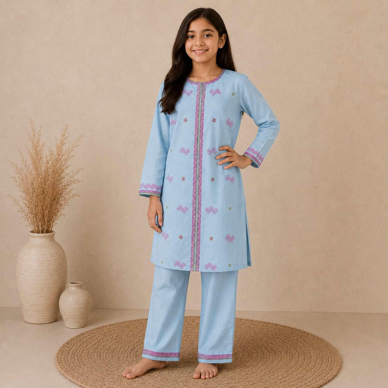 Light Blue Embroidered Kurta Salwar Set for Girls