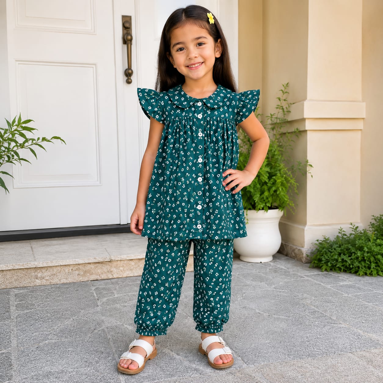 Girls Teal Floral Printed Top with Matching Trousers