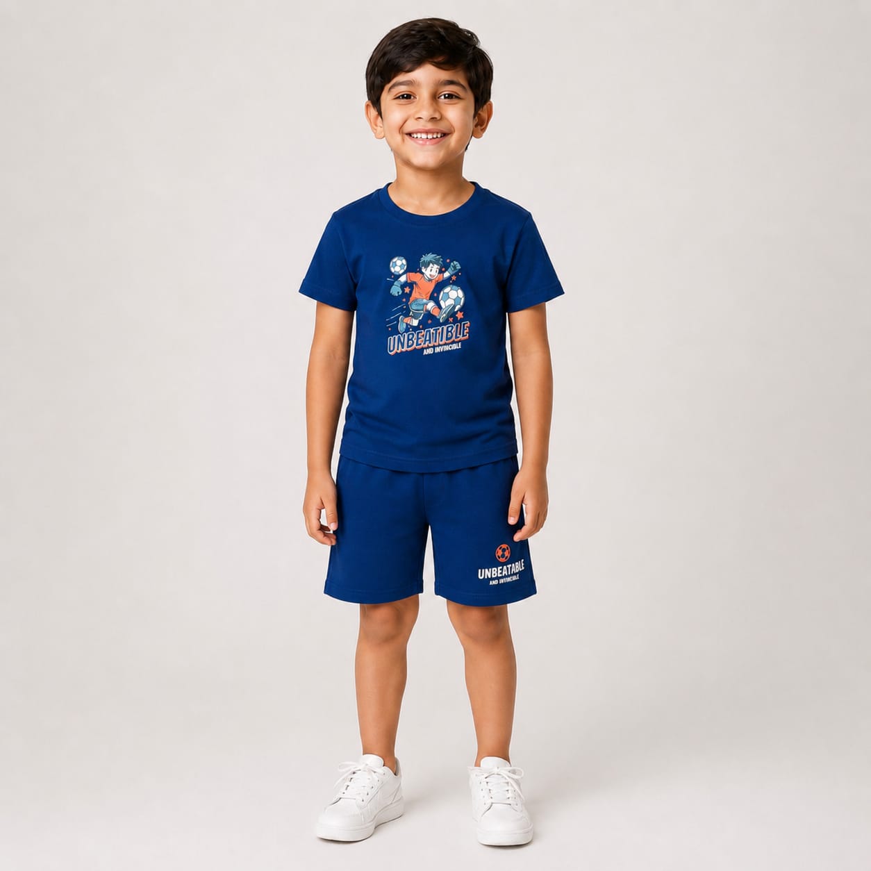 Kids Navy Blue “Unbeatable” Soccer Summer Co-Ord Set