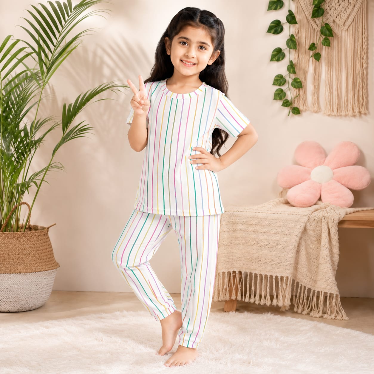 Girls Rainbow Stripe Night Suit Set