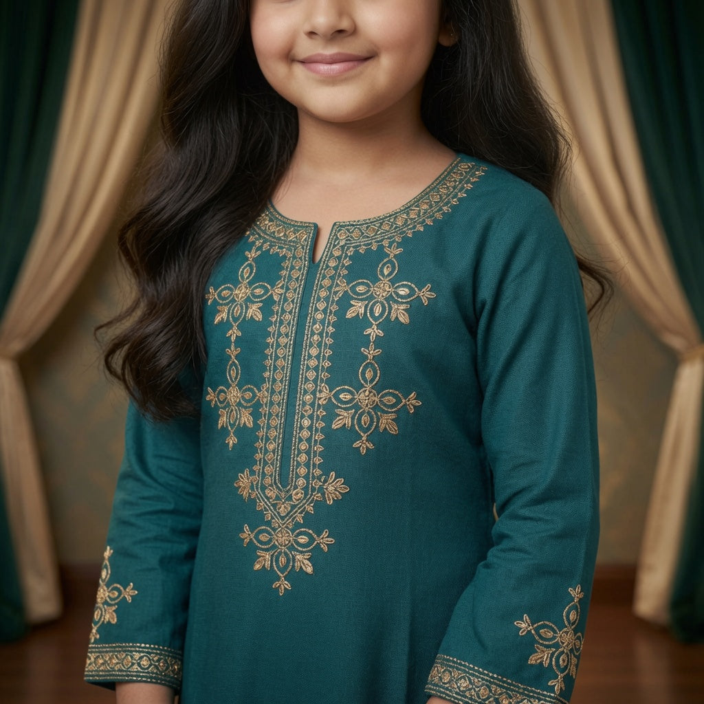 Girls Emerald Green Embroidered Kurta & Trouser Set