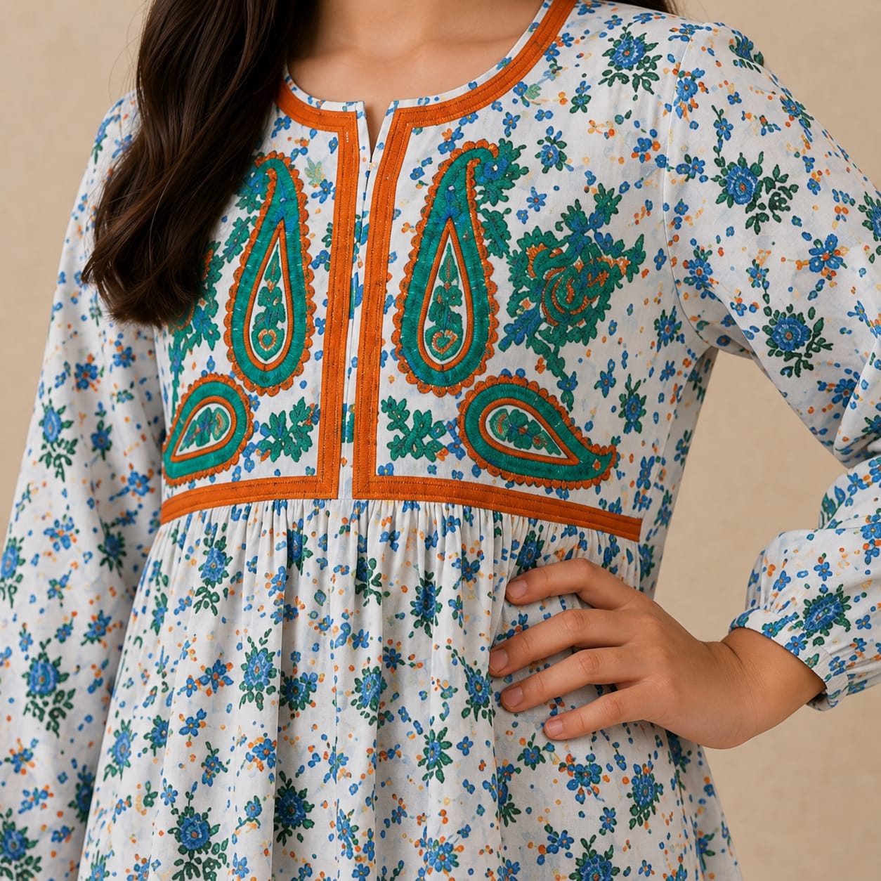 Girls Blue Floral Printed Kurta & Trouser Set