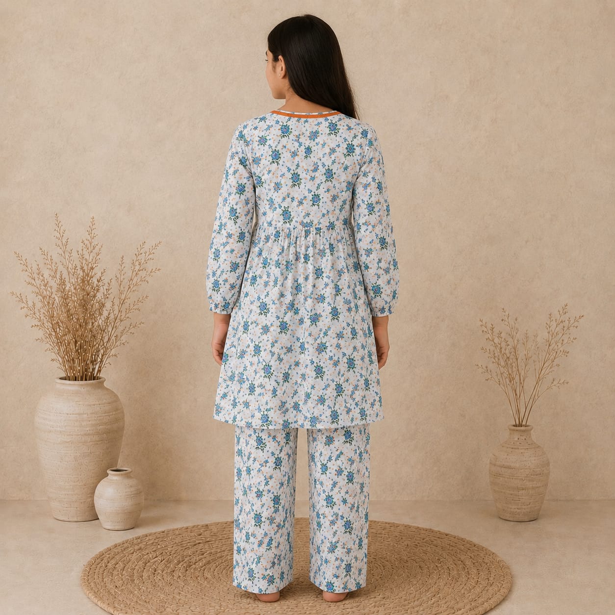 Girls Blue Floral Printed Kurta & Trouser Set