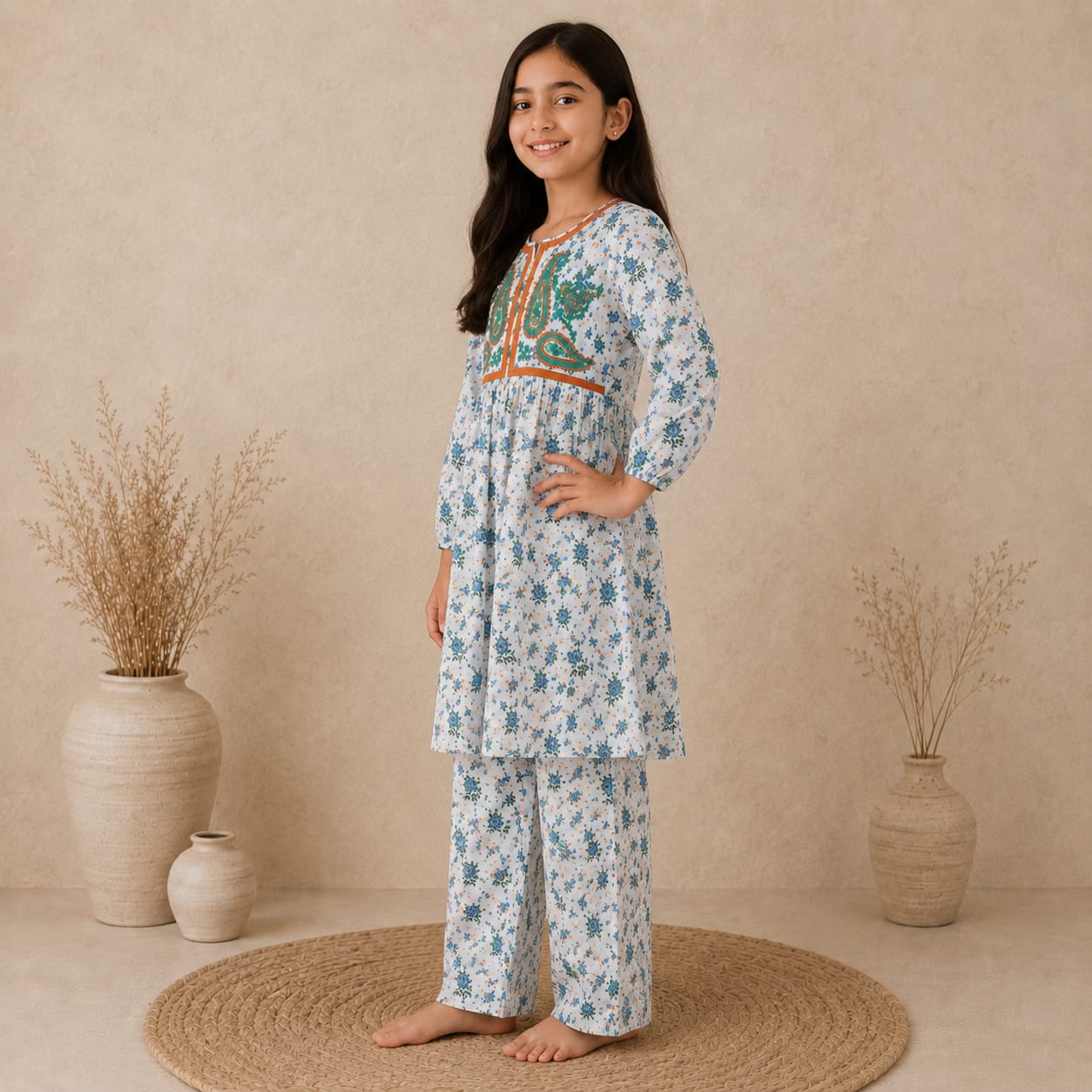 Girls Blue Floral Printed Kurta & Trouser Set