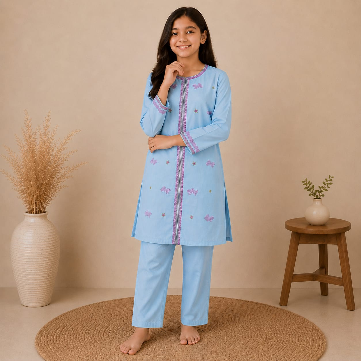 Light Blue Embroidered Kurta Salwar Set for Girls