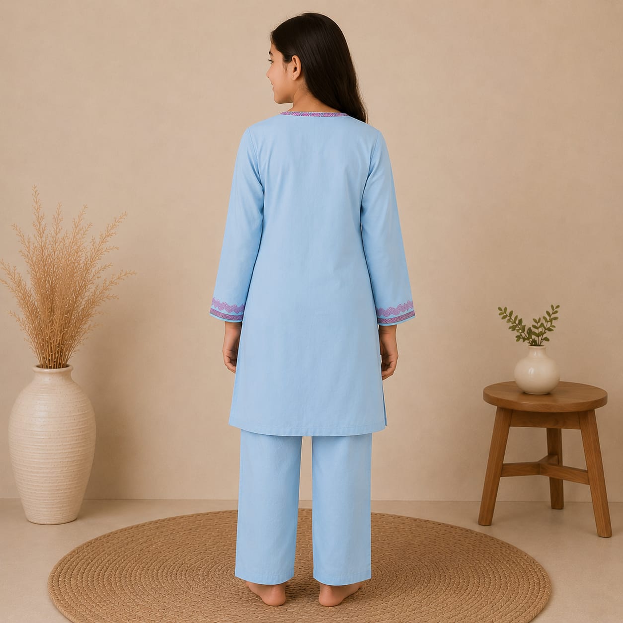 Light Blue Embroidered Kurta Salwar Set for Girls