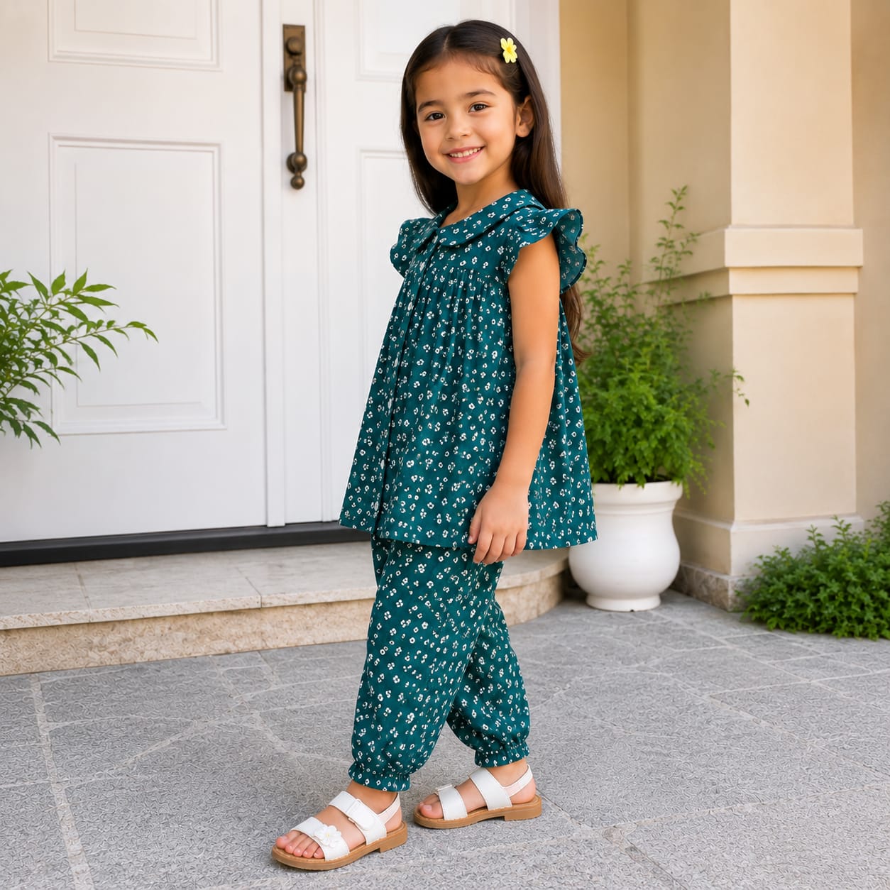 Girls Teal Floral Printed Top with Matching Trousers