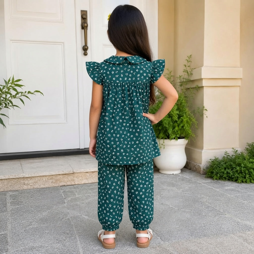 Girls Teal Floral Printed Top with Matching Trousers