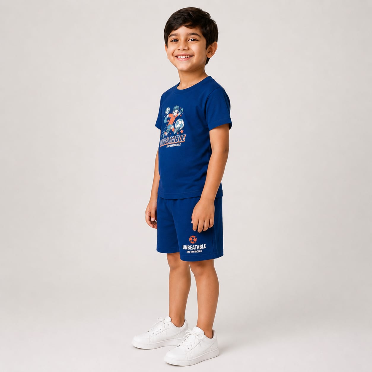 Kids Navy Blue “Unbeatable” Soccer Summer Co-Ord Set