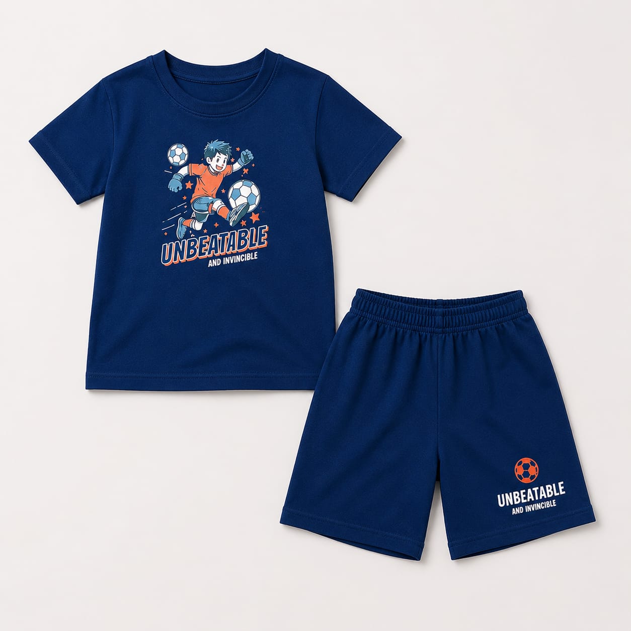 Kids Navy Blue “Unbeatable” Soccer Summer Co-Ord Set