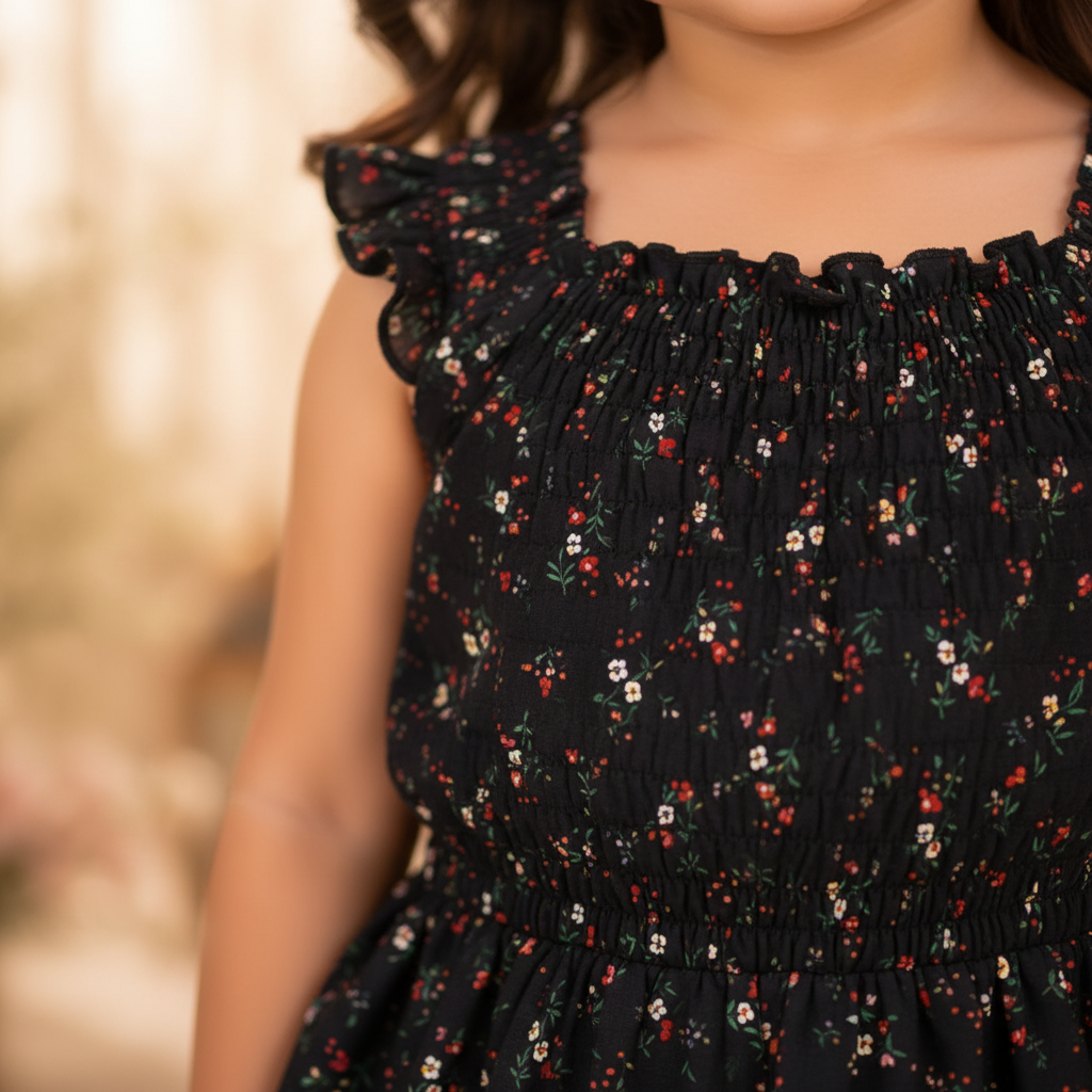 Girls Black Floral - Fabric Detail 1:1